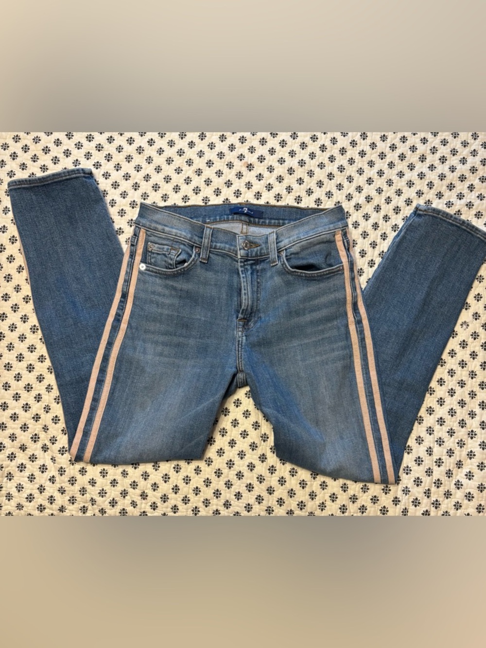 7 For All Mankind Blue Skinny Jeans with Pink Side Stripes Size 27